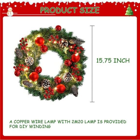 Christmas Wreath, 16 inch Artificial Wreath with Lights, for Front Door - Picture 4 of 7